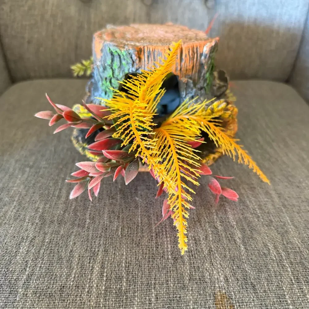 Aquarium Tree Stump Hideout Ornament Fish Tank Decor With Artificial Plants